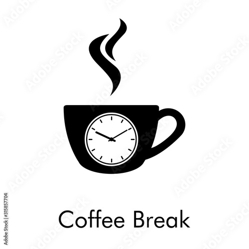 Logotipo Coffee Break. Icono plano taza de café con humo con reloj en color negro