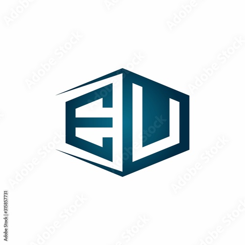 EU monogram logo with hexagon shape and negative space style ribbon design template