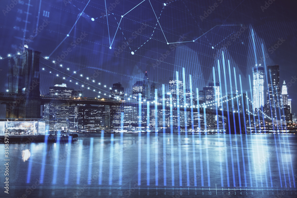 Financial chart on city scape with tall buildings background multi exposure. Analysis concept. Financial chart on city scape with tall buildings background multi exposure. Analysis concept.