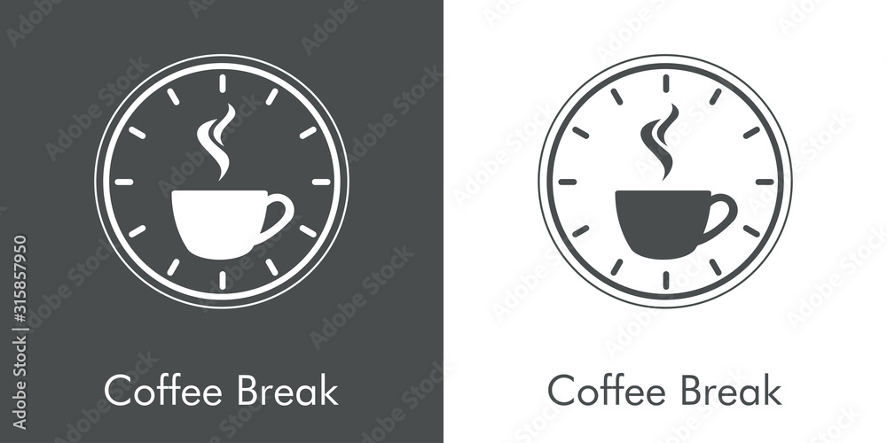 Logotipo Coffee Break. Icono plano taza de café con humo con reloj en