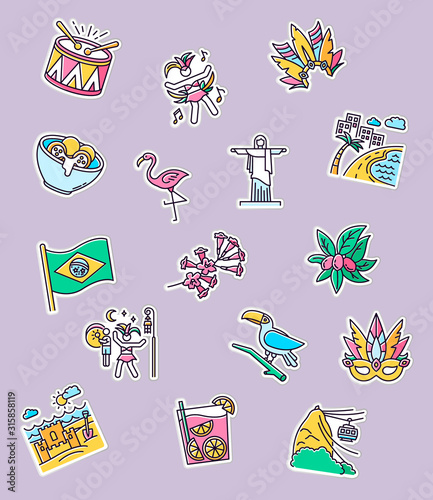 Brazilian carnival printable patches. Street party. RGB color stickers, pins and badges set. South America traditions. Flamingo. Jesus statue. Sand castle on the coast. Vector isolated illustrations