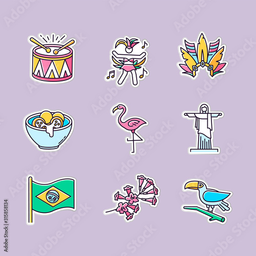 Brazilian culture printable patches. Traditional masquerade. RGB color stickers, pins and badges set. Flamingo. Jesus statue. Carnival hat. Samba. Vector isolated illustrations photo