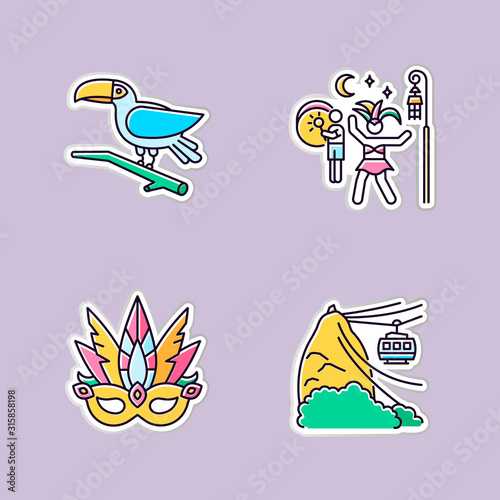 Brazilian carnival printable patches. Traditional masquerade. RGB color stickers, pins and badges set. Street party. Masquerade mask. Toucan. Ropeway. National festival. Vector isolated illustrations photo