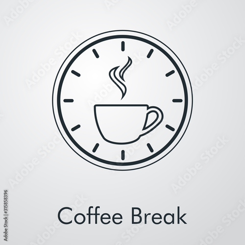 Logotipo Coffee Break. Icono plano lineal taza de café con humo con reloj en fondo gris