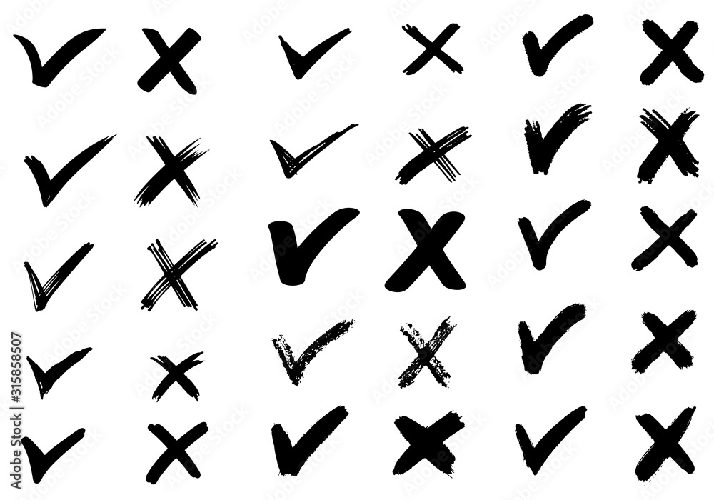set of hand drawn check (V) signs isolated on white background. Vector checklist marks icon set. sketch check marks.