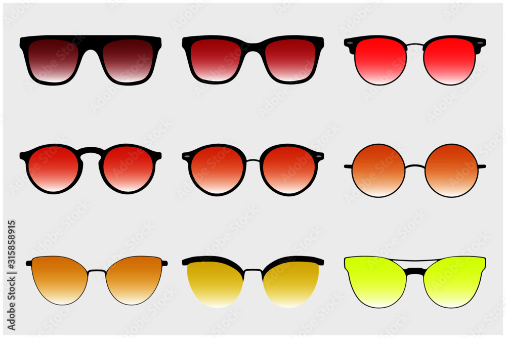 Sunglasses set. Trendy sunglasses colors. Summer eyeglasses. Fashion collection. Summer vacation item. Sunglasses for tropical trip. Glasses with gradient colored glass. Vector illustration.