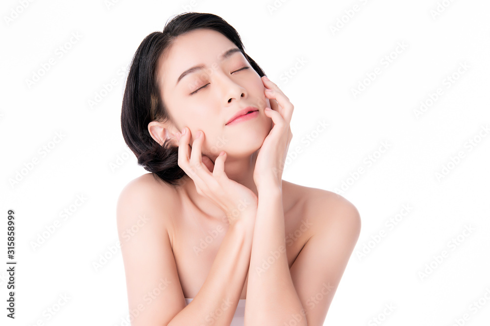 Portrait beautiful young asian woman clean fresh bare skin concept. Asian girl beauty face skincare and health wellness, Facial treatment, Perfect skin, Natural make up, on white background Portrait beautiful young asian woman clean fresh bare skin concept. Asian girl beauty face skincare and health wellness, Facial treatment, Perfect skin, Natural make up, on white background