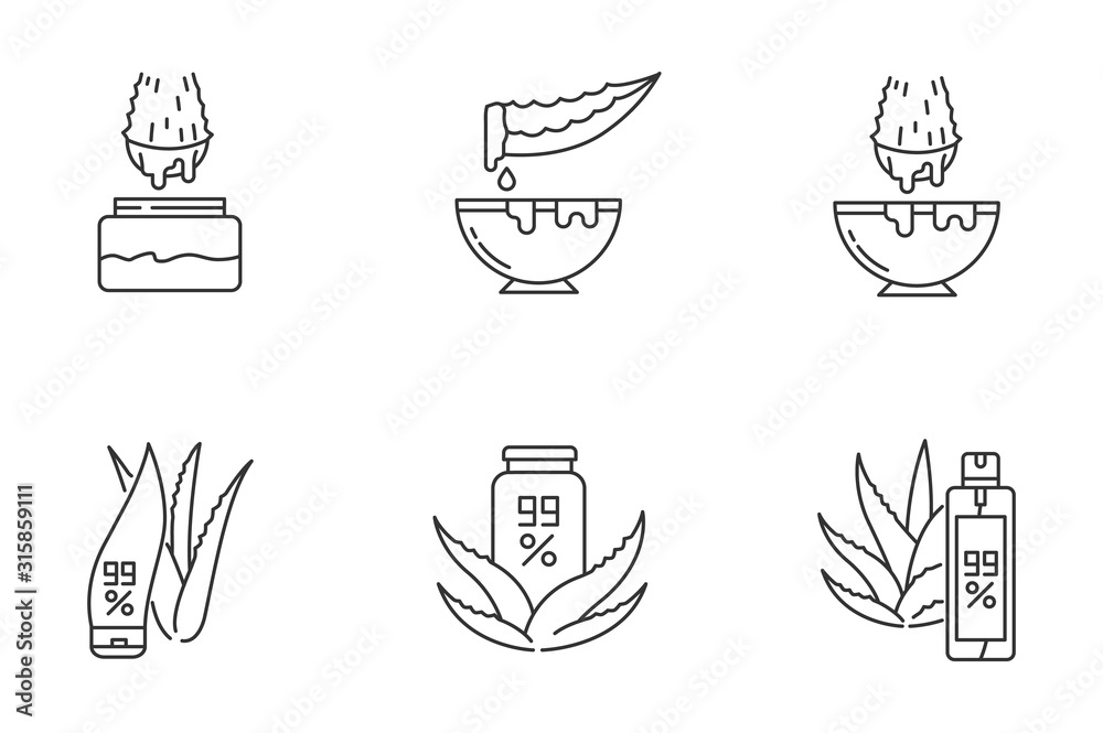Plakat Aloe vera pixel perfect linear icons set. Medicinal herbs juice. Pure lotion. Healing liquid from plants. Customizable thin line contour symbols. Isolated vector outline illustrations. Editable stroke