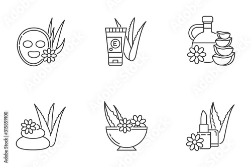 Aloe vera pixel perfect linear icons set. Cosmetology and dermatology. Spa treatment. Facial mask. Customizable thin line contour symbols. Isolated vector outline illustrations. Editable stroke