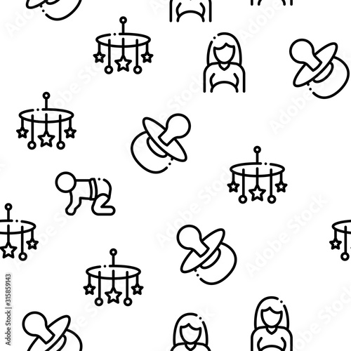 Baby Clothes And Tools Seamless Pattern Vector Thin Line. Illustrations