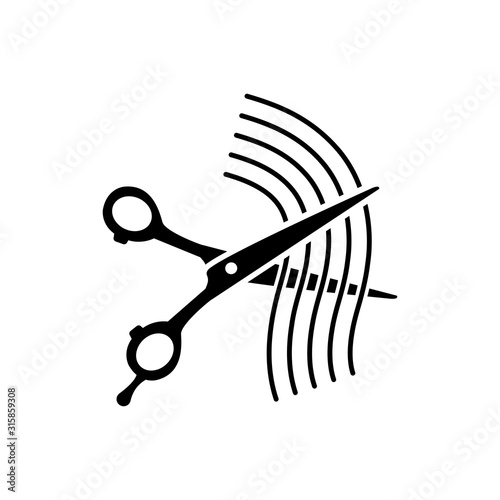 Corte de pelo. Icono plano tijeras con cabello en color negro