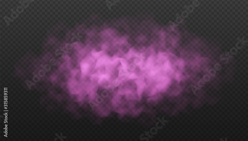 Pink fog or smoke cloud isolated on transparent background. Realistic smog, haze, mist or cloudiness effect. Realistic vector illustration.