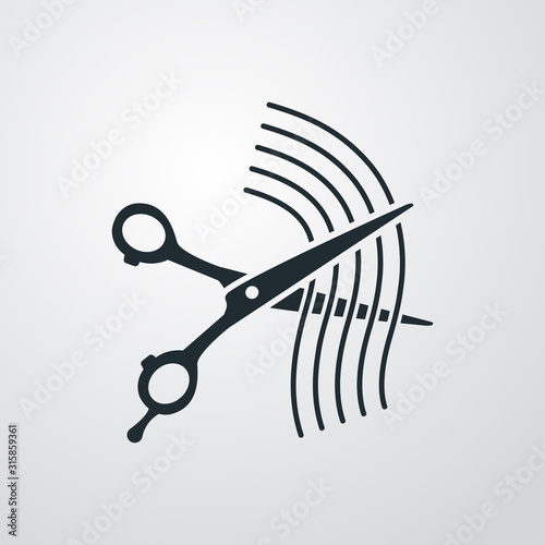Corte de pelo. Icono plano tijeras con cabello en fondo gris