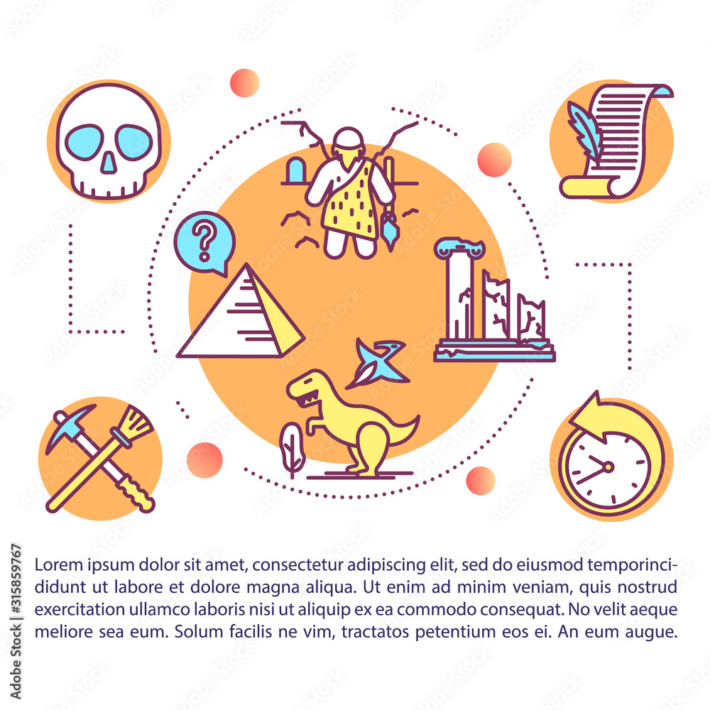 Fototapeta premium Ancient world history concept icon with text. Life BC. Archaeology and paleontology. Article page vector template. Brochure, magazine, booklet design element with linear illustrations