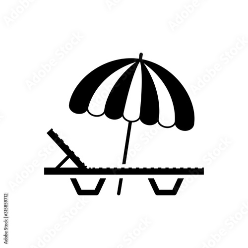 Concepto de vacaciones y viajes. Icono plano silla de playa con sombrilla en color negro