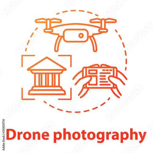 Drone photography concept icon. Quad copter with camera spying on house. Shooting historical objects from unusual angle. Vector isolated outline RGB color drawing