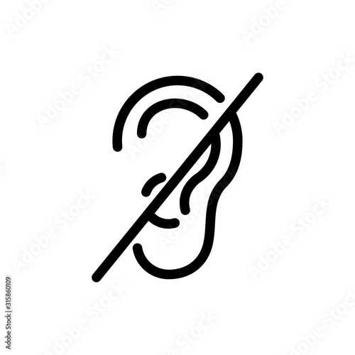 Icono plano lineal oreja sin sonido en color negro