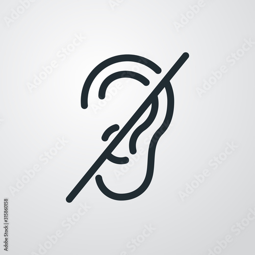 Icono plano lineal oreja sin sonido en fondo gris