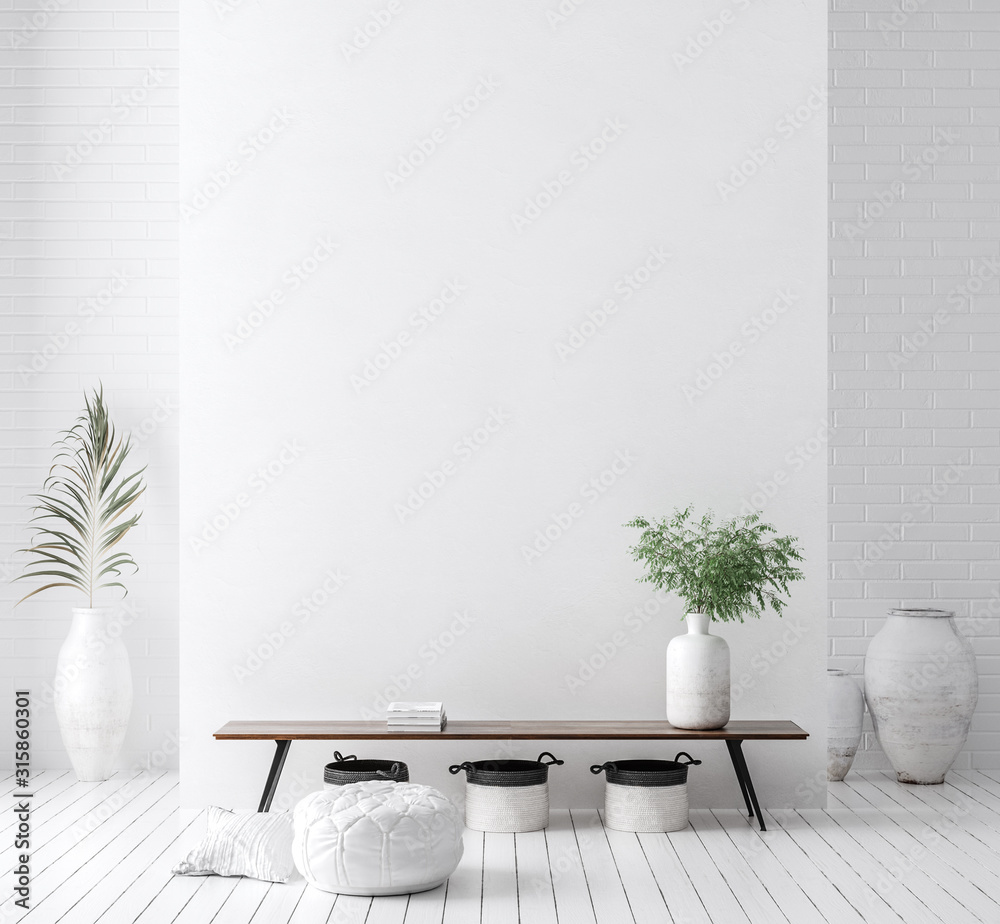 Wall mock up in white simple interior with wooden furniture, Scandi-Boho style, 3d render - obrazy, fototapety, plakaty 