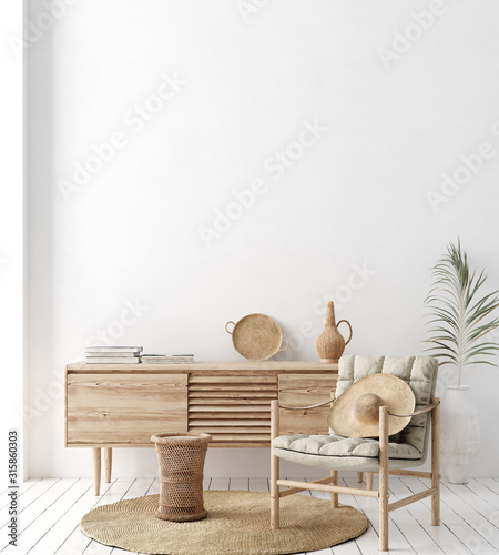 Wall mock up in white simple interior with wooden furniture, Scandi-Boho style, 3d render