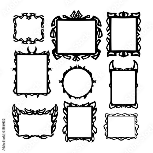 Silhouettes of frames on an isolated background.Black flat icon set. Framed & frameless reflection surfaces