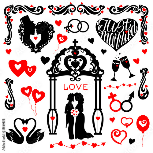 Silhouettes of just married, hearts, wedding paraphernalia on an isolated background.