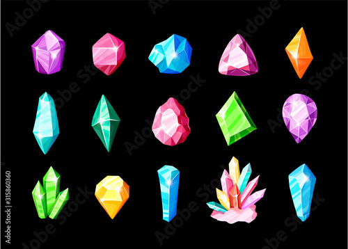 Icon vector set - colorful blue, golden, pink, violet, rainbow crystals or gems, on white background, symbols collection with gemstones, quartz, minerals, diamonds, hand drawn or doodle illustration