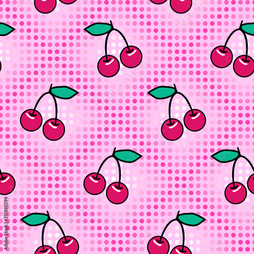Cute cherry seamless pattern. Sweet red ripe berries isolated on pop art style background. Vector wallpaper.
