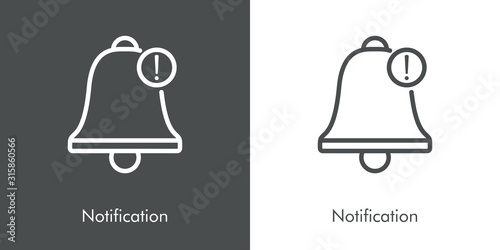 Campana de notificación con símbolo de advertencia en círculo. Icono plano lineal en fondo gris y fondo blanco