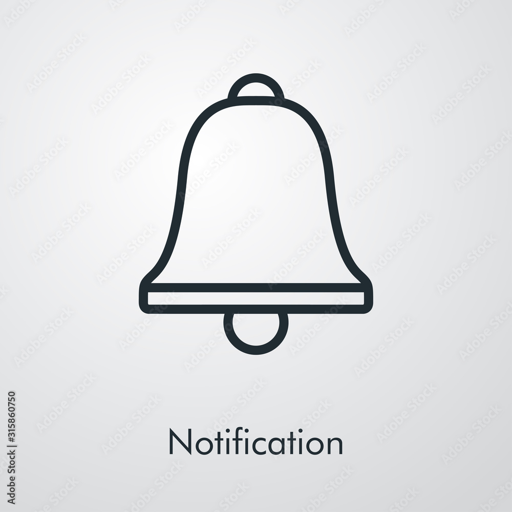 Campana de notificación. Icono plano lineal en fondo gris Campana de notificación. Icono plano lineal en fondo gris
