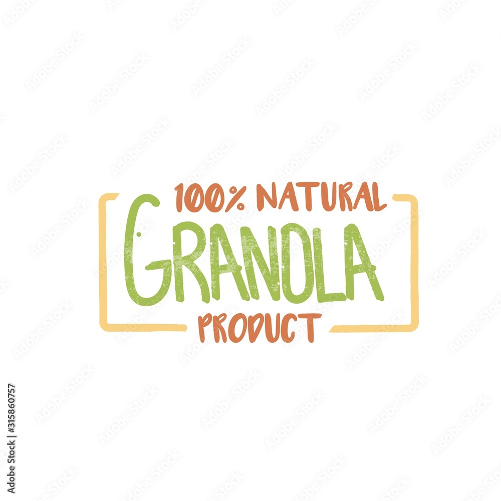 Fototapeta premium Granola 100 percents natural product logotype. Handwritten green and orange granola rectangle signboard.