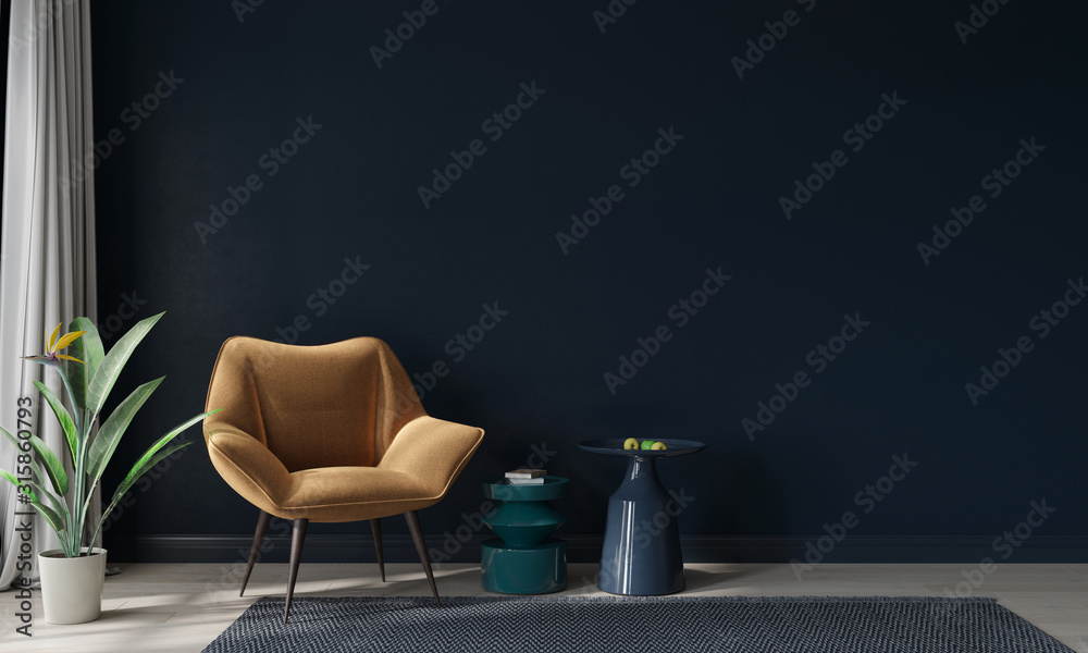 Mustard armchair and colored tables against a dark blue wall - obrazy, fototapety, plakaty 