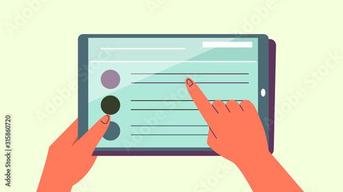 Hands holding tablet and showing some on screen. Close up vector illustration.