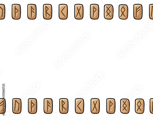 Set of wooden runes seamless pattern. Boho carved runic symbols on wood. Letter format decoration background texture tile. Space for text