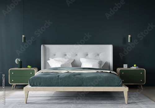 Stylish bedroom interior in dark green and light beige