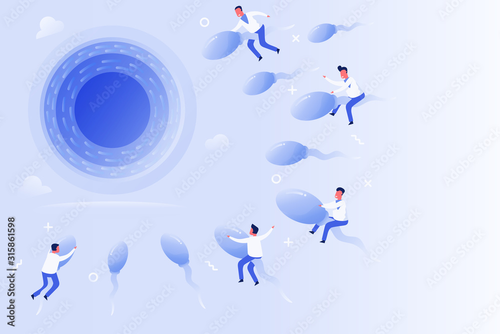 Ταπετσαρία concept of human fertilization with tiny people riding sperm ahead to egg, flat
