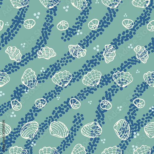 A seamless vector pattern with white sea shells and blue stripes on a aqua green background. MArine themed surface print design.