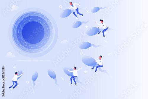 concept of human fertilization with tiny people riding sperm ahead to egg, flat vector illustration for web, landing page, ui, banner, editorial, mobile app and flyer