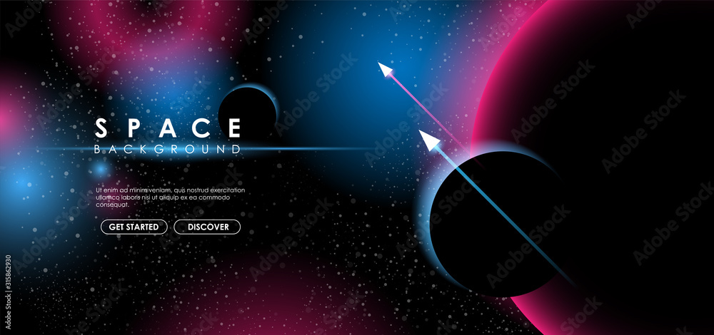 Creative space background with abstract shape and planets. Colorful space poster with text template. Vector infinite Galaxy background.