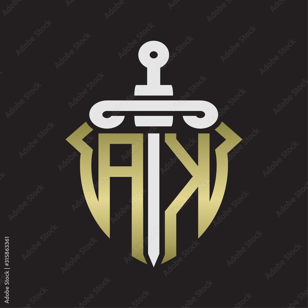 AK Logo monogram with sword and shield combination isolated with gold colors AK Logo monogram with sword and shield combination isolated with gold colors