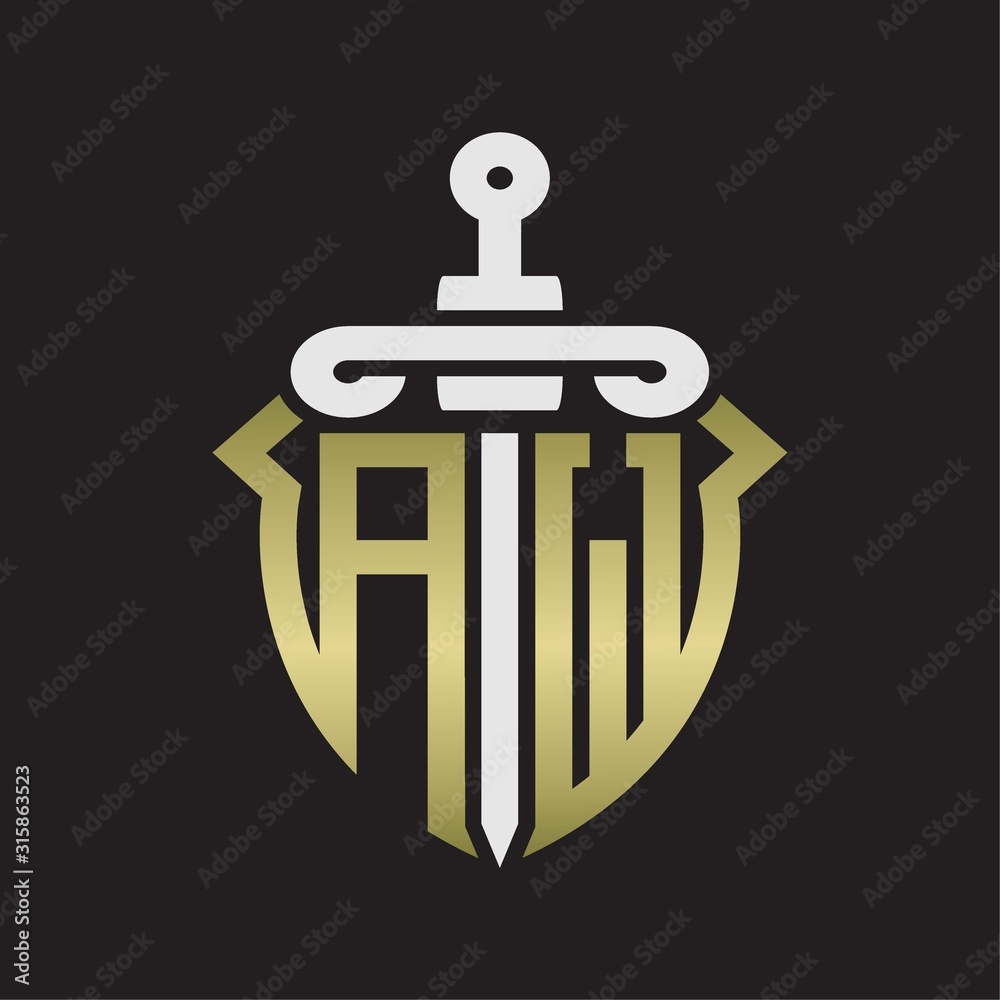 AW Logo monogram with sword and shield combination isolated with gold colors AW Logo monogram with sword and shield combination isolated with gold colors