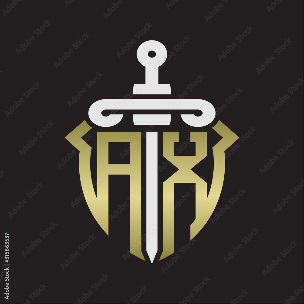 AX Logo monogram with sword and shield combination isolated with gold colors