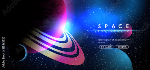 Colorful Outer Space background. Cosmos, universe, infinity. Rising Sun over the planet. Vector Creative background.