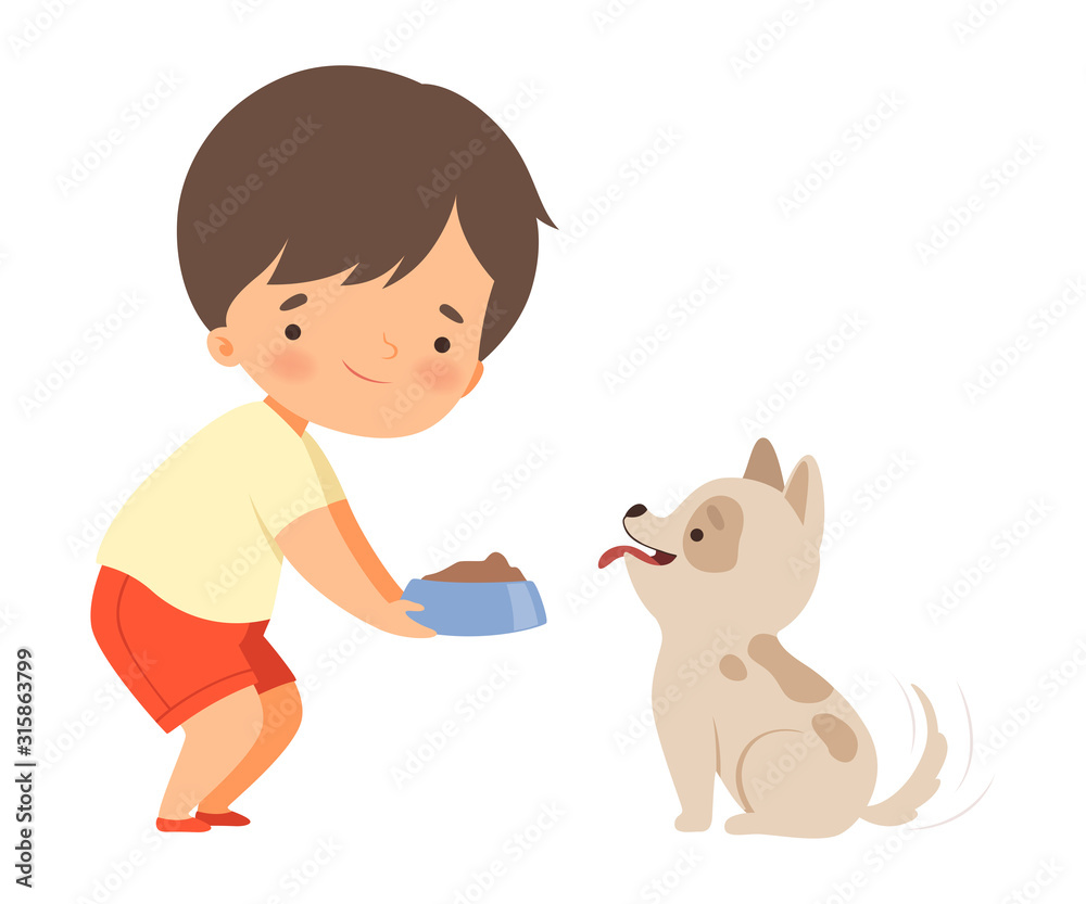 Little Boy Carrying Bowl to Feed His Puppy Vector Illustration