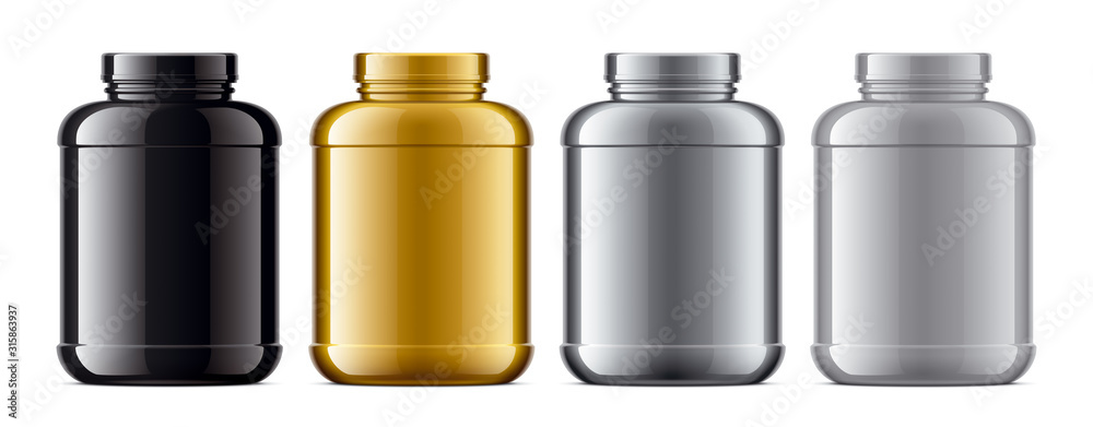 Set of plastic Jars. Metalized surface version. Gold, Silver, Grey, Black colors. Set of plastic Jars. Metalized surface version. Gold, Silver, Grey, Black colors.