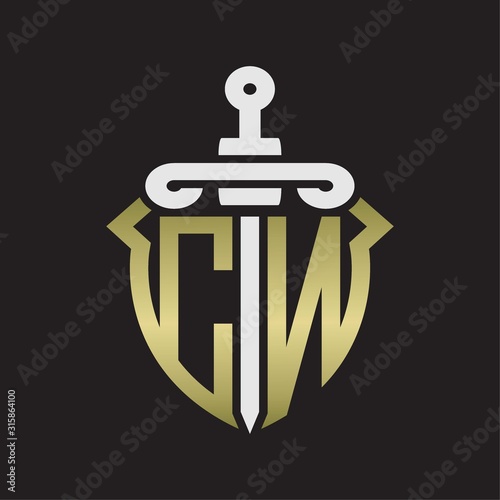 CN Logo monogram with sword and shield combination isolated with gold colors