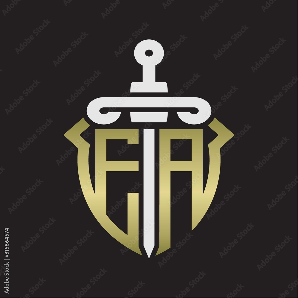 EA Logo monogram with sword and shield combination isolated with gold colors EA Logo monogram with sword and shield combination isolated with gold colors