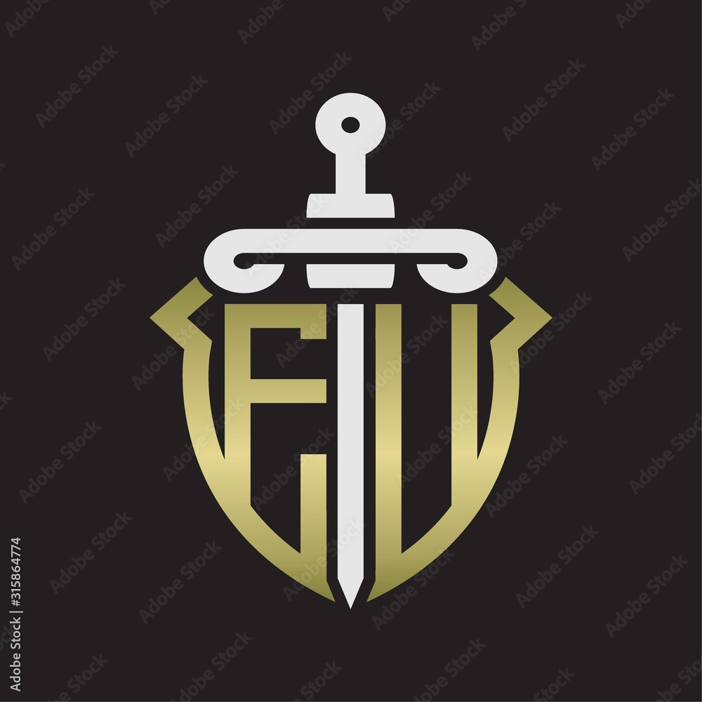 EU Logo monogram with sword and shield combination isolated with gold colors EU Logo monogram with sword and shield combination isolated with gold colors