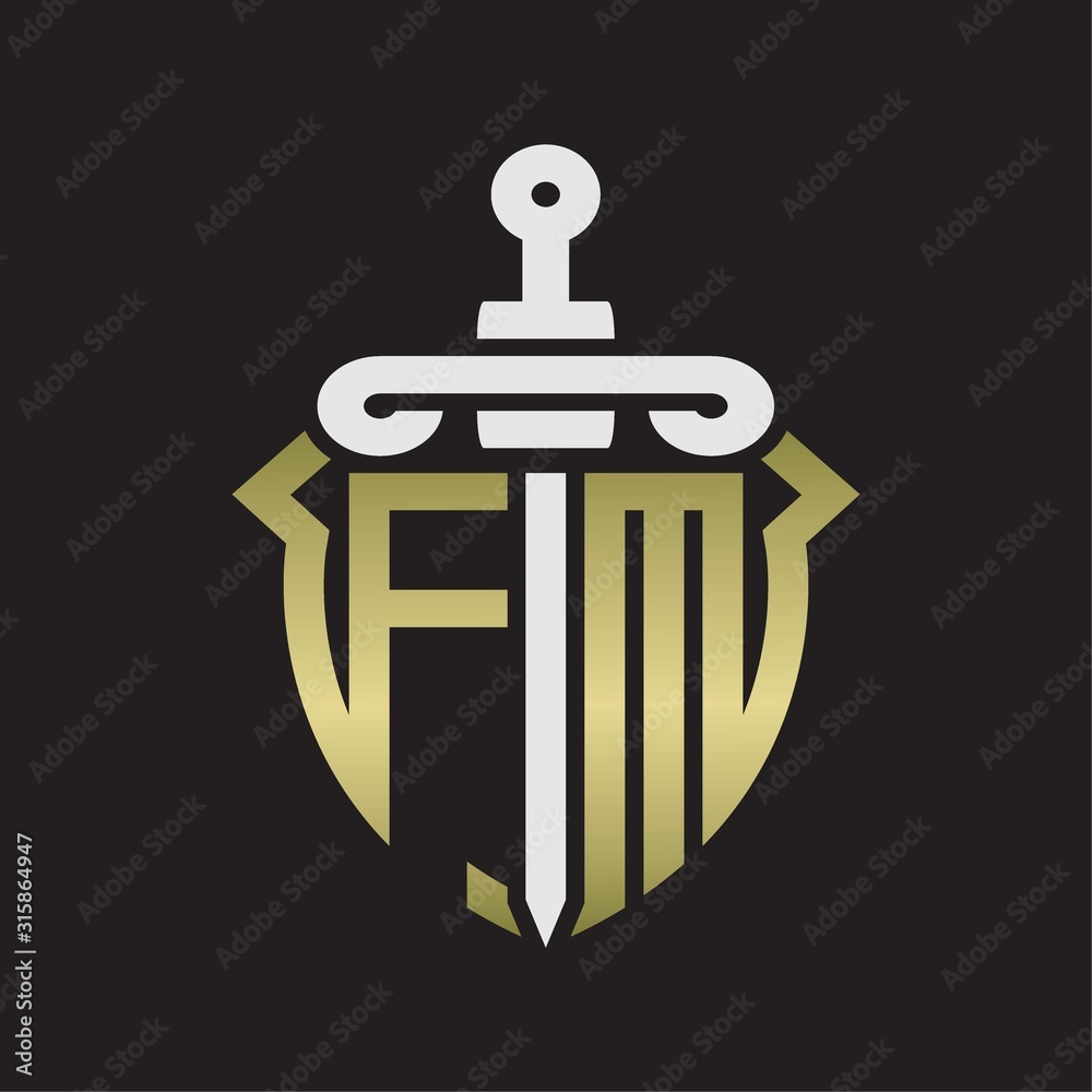 FM Logo monogram with sword and shield combination isolated with gold colors FM Logo monogram with sword and shield combination isolated with gold colors