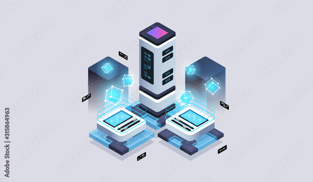 Data analysis processing big data computing, information flow,digital science lab. Tech visualization concept. 3d isometric vector illustration.